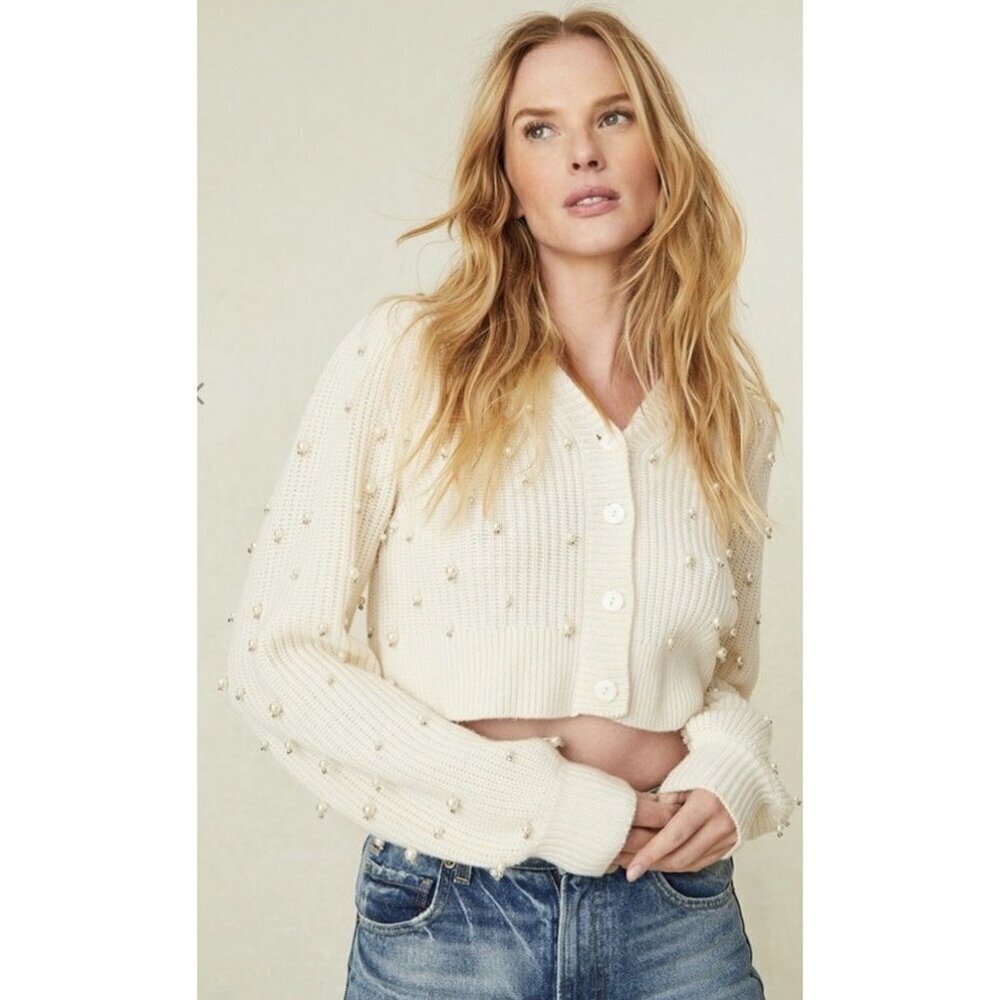 LoveShackFancy Woman's Sz S Frances Crop Embellished Cardigan in Antique White